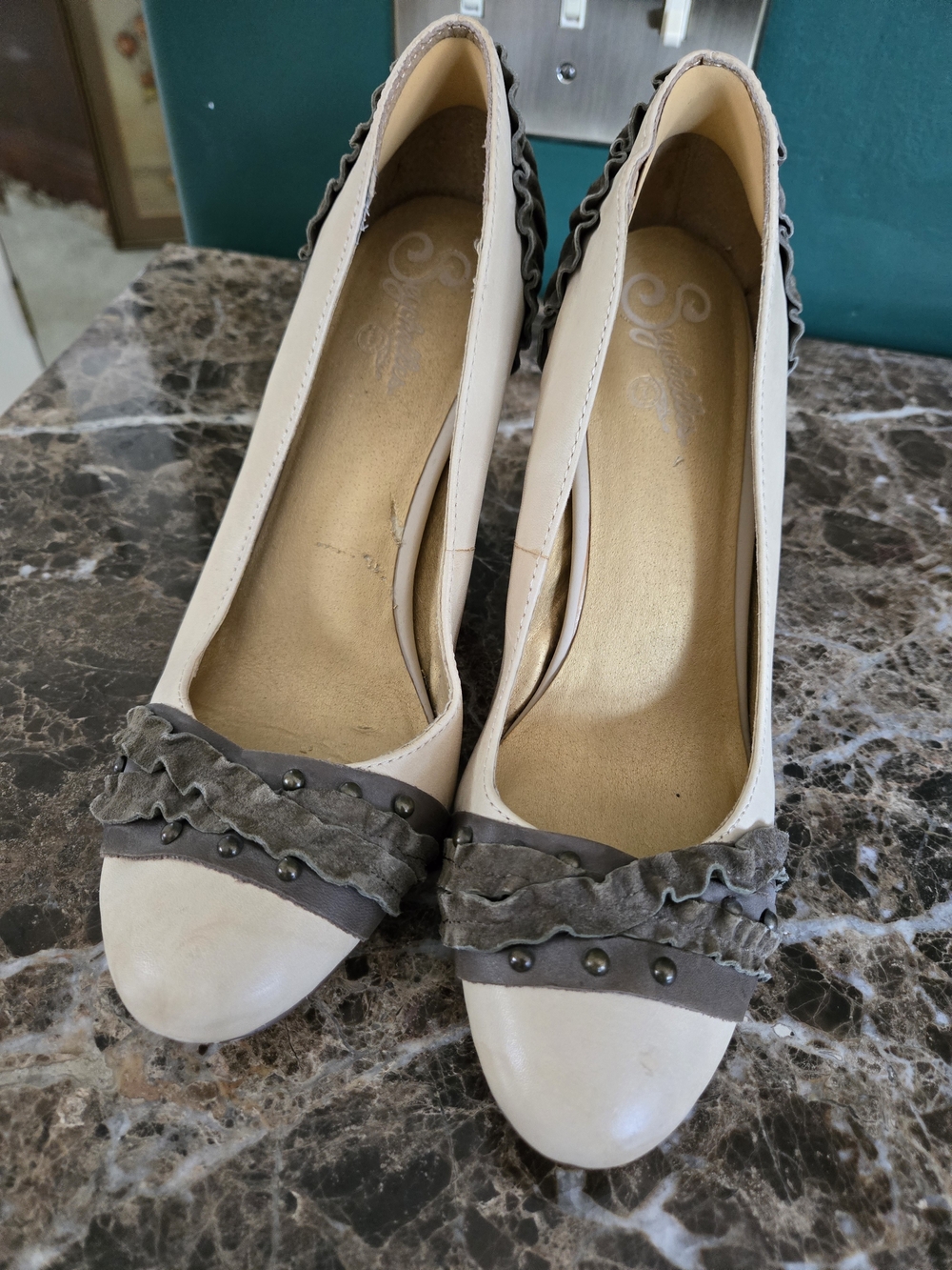 Seychelles Cream Heels with Gray Ruffle and Stud Detail
